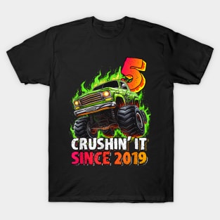 Monster Truck 5 Year Old Boys 5th Birthday Party Born 2019 T-Shirt